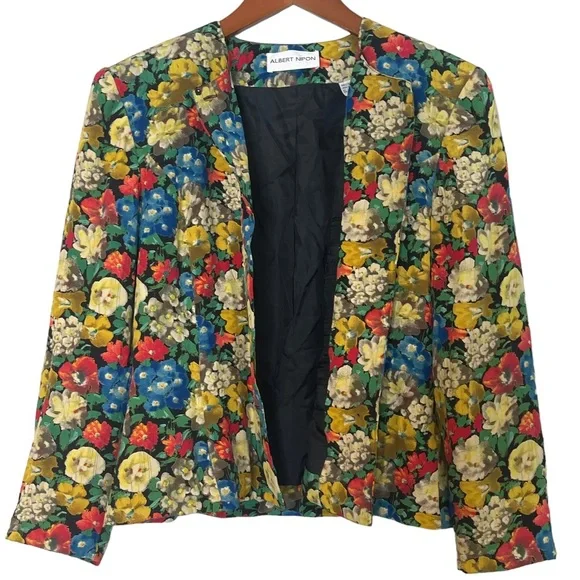 Albert Nipon VTG Womens Silk Colorful Floral Button Front Cropped Blazer Size 8 - Picture 2 of 9